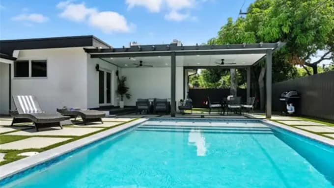 3d backyard landscape design pool pergola design outdoor kitchen 3d rendering