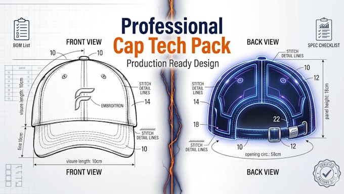 create a professional cap tech pack for production and manufacturing