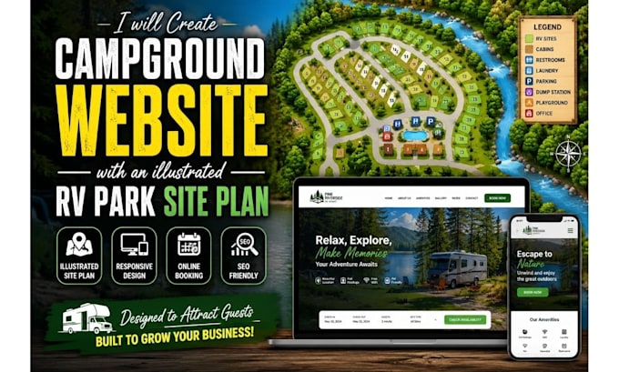 create wordpress campground website with an illustrated rv park site plan