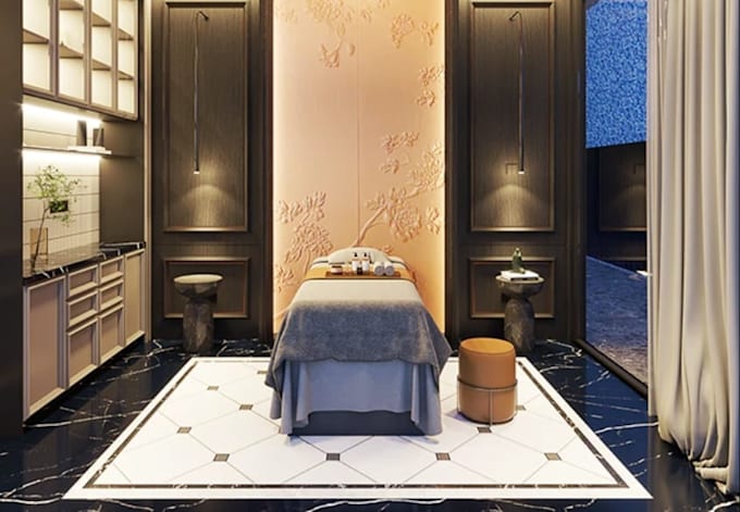 redesign tiny spa villa house, interior architect model, show room layout render