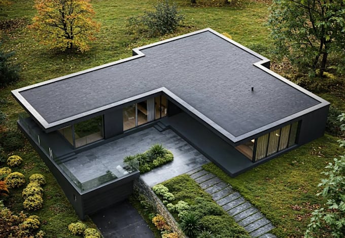 modern frontyard garden design, cgi landscape render, backyard outdoor revit