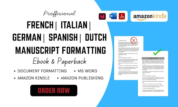 design, format french, spanish, italian,  dutch manuscript, book layout design