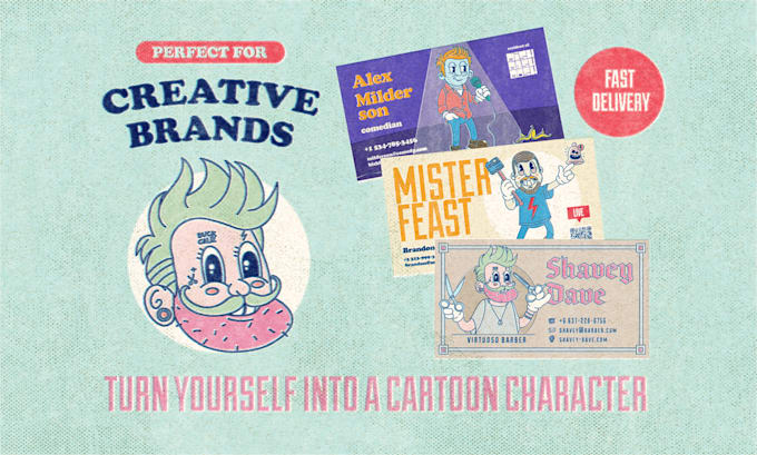 design a unique vintage 1930s cartoon character business card