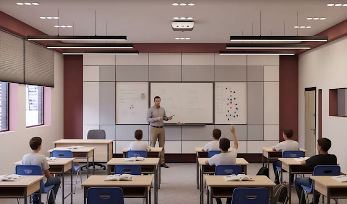 build school interior, locker room,learning space,lab office,lecture room render