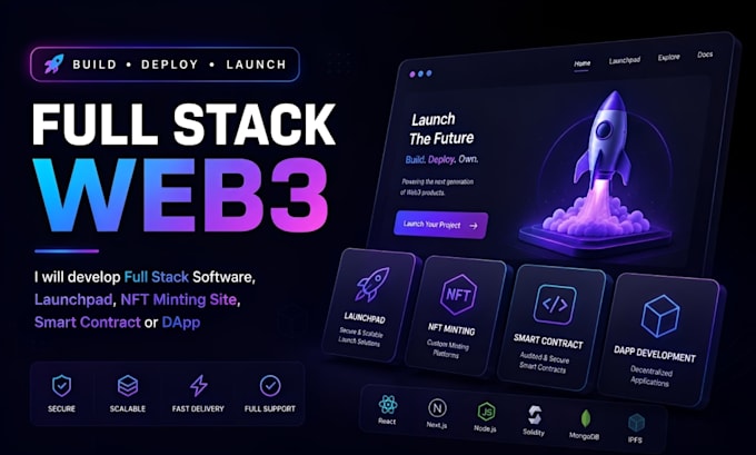 develop full stack software, launchpad, nft minting site, smart contract or dapp