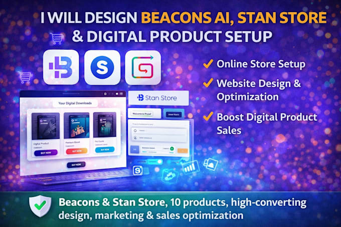 design beacon ai website, stan store and digital product setup