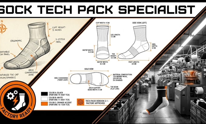 create factory ready sock tech pack, seamless garment and technical flat design