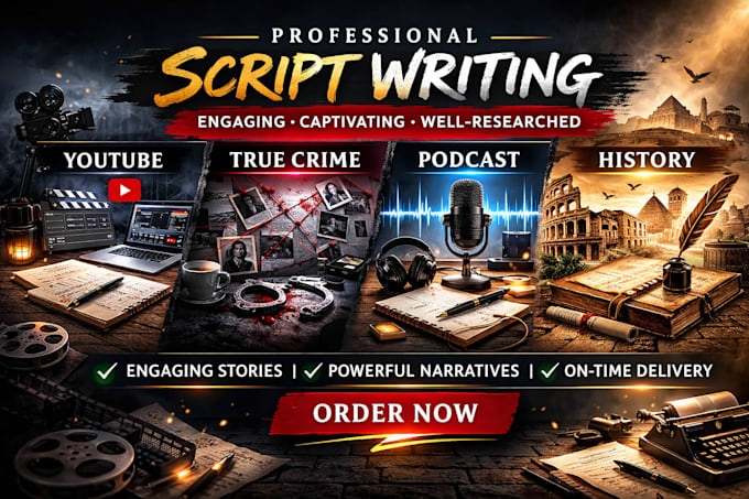 write youtube script, true crime, history, podcast script, documentary script
