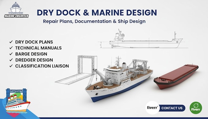 dry dock repair plans and technical documentation, barge and dredger ship design