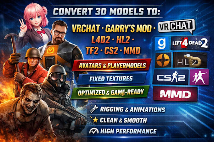 convert 3d models into vrchat avatars, garry mod, l4d2, hl2, tf2, cs2 and mmd