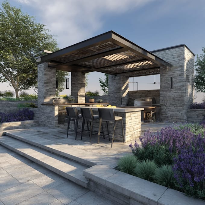 design landscape, backyard, pool, garden, deck, and patio