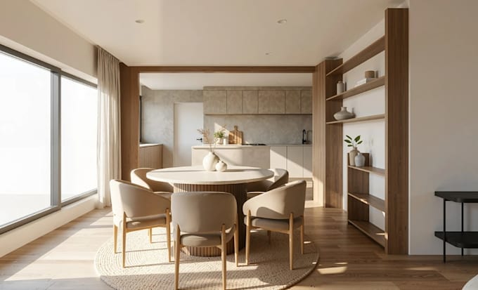 visualize minimalist apartment interior, furniture layout, exterior rendering