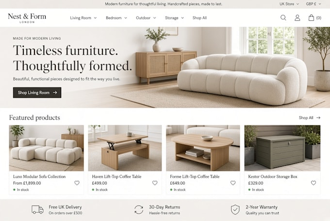 build a furniture shopify store or dropshipping tik tok shop website uk tok tok