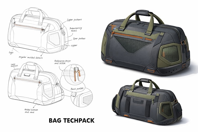 do flat sketch drawing tech pack for handbag backpack tote bag or shoe techpack
