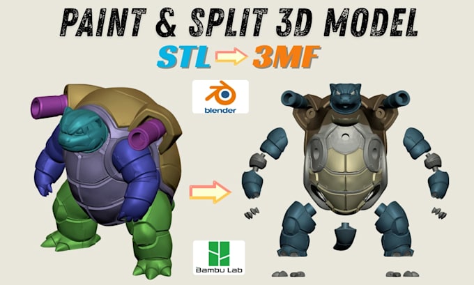 color and split 3d model, convert 2d to 3d stl or 3mf for multicolor printing