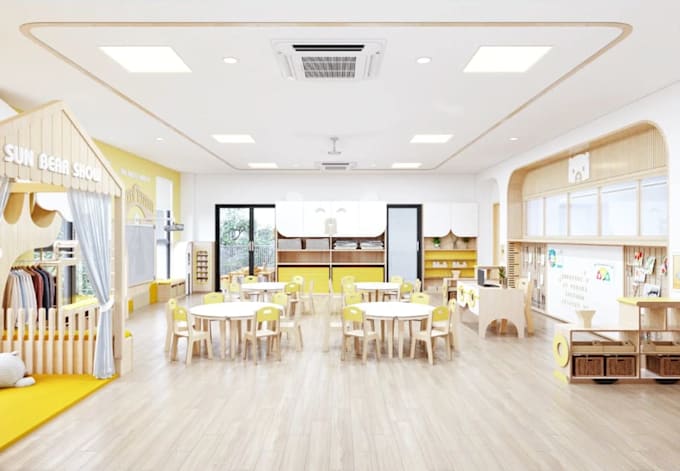 sketch modular kid playroom,classroom layout design,education interior rendering