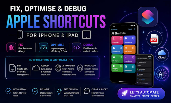 fix, optimise debug apple shortcuts for iphone, ipad, PDF, icloud ai integration