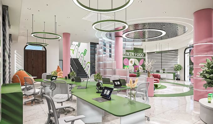 visualize 3d food office interior,functional showroom,modern workspace rendering