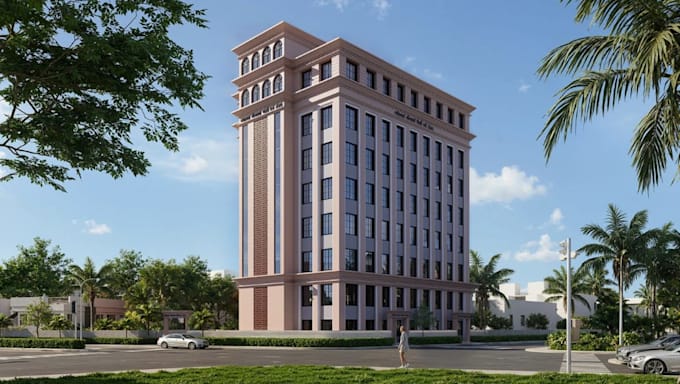 3d multi storey residential building, aerial view render, urban landscape design