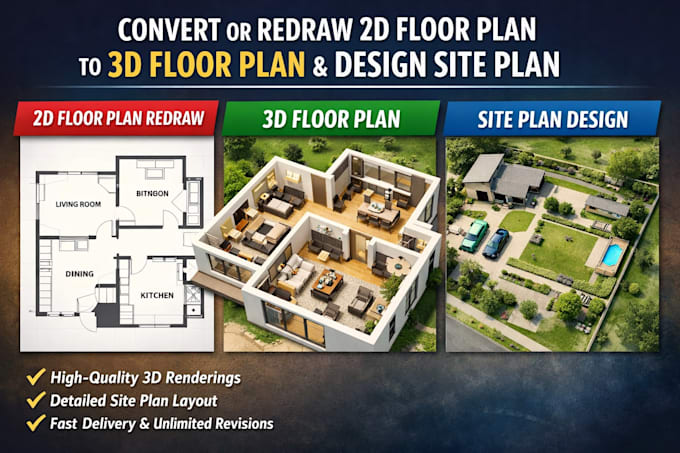 convert or redraw 2d floor plan to 3d floor plan, and design site plan