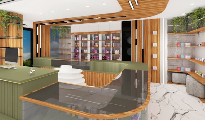update 3d pharmacy store,clinic interior,shelving design,cgi cubicle reception
