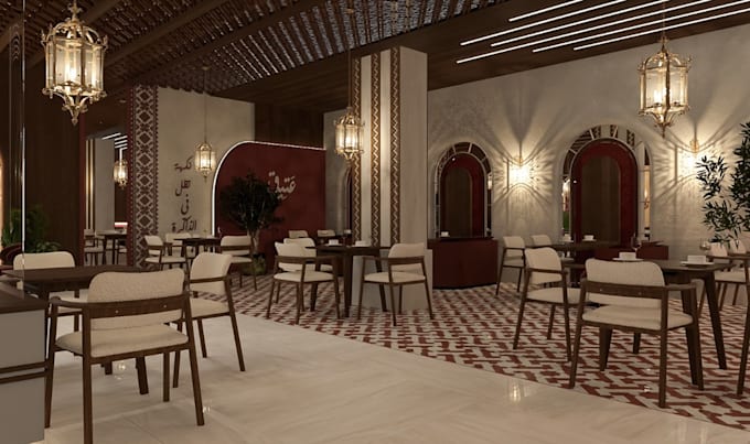 render commercial architecture space, seafood restaurant, cafe interior layout