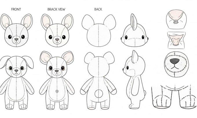 design plushie reference sheet custom stuffed animal with sewing pattern