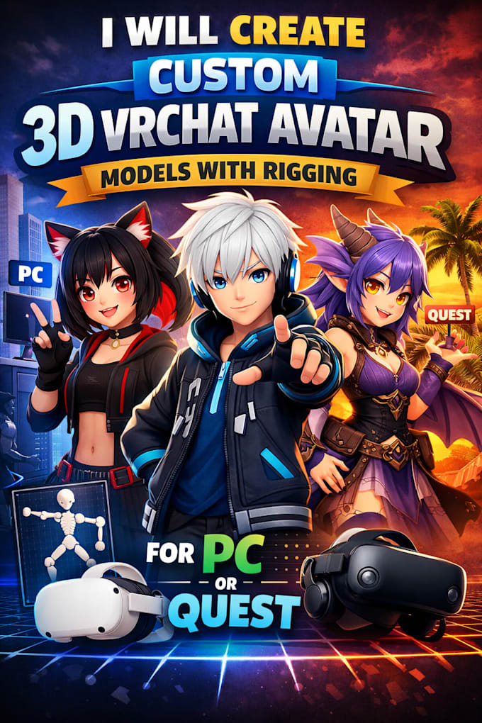 create custom 3d vrchat avatar model with rigging for PC or quest