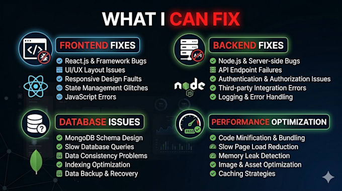 debug and fix react js, next js, and node js bugs and errors fast