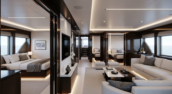 Create 3d yacht design, luxury boat, deck layout render and cinematic ...