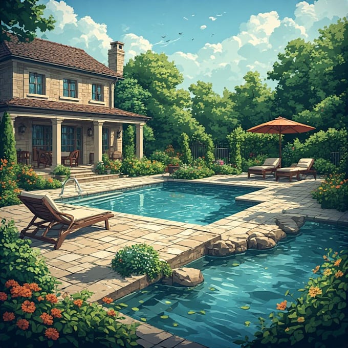 design landscape, terrace, backyard, pool, and patio