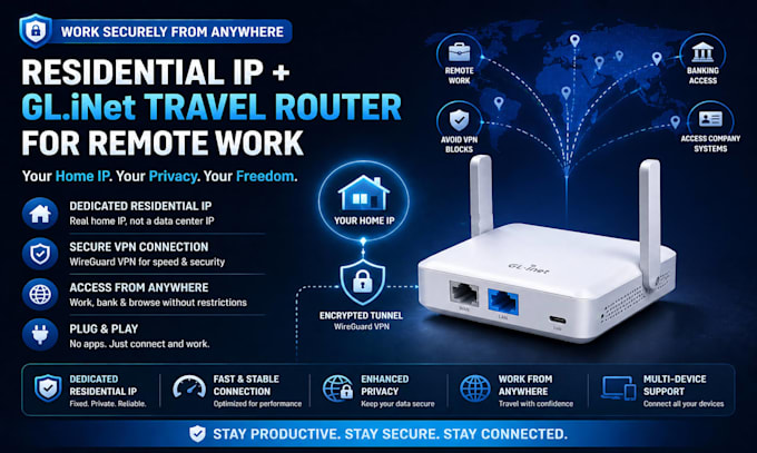 setup residential IP VPN and configure glinet travel router for remote work