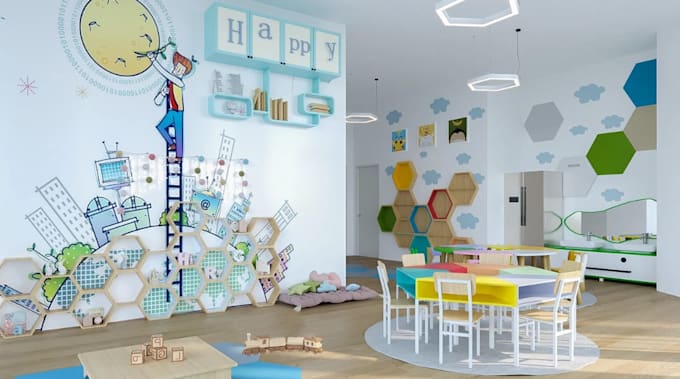 render3d kids school,learning facilities,kindergarten classroom,daycare interior