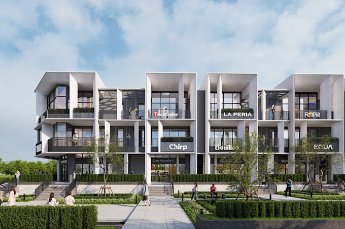 craft commercial mixed use building,exterior facade design,office complex render