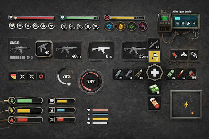 design custom 2d game UI kit interface assets, map, huds, props for your game