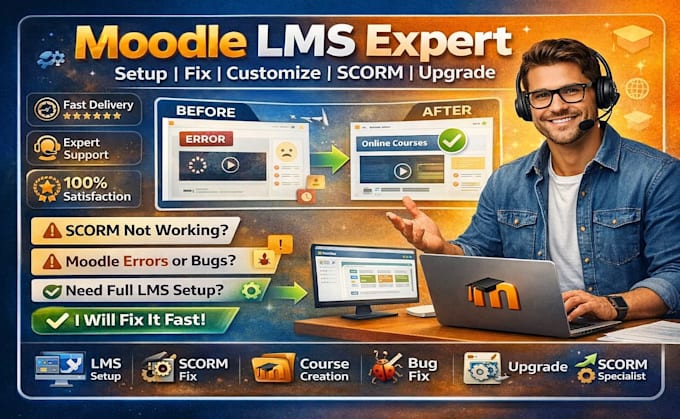 moodle lms expert setup, customization, course creation, quiz, scorm fix upgrade