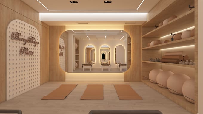 design your pilates studio with 2d plan and 5 3d renders