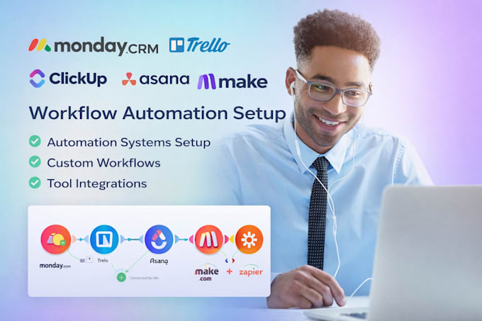 setup monday crm workflows automations trello clickup asana make integration