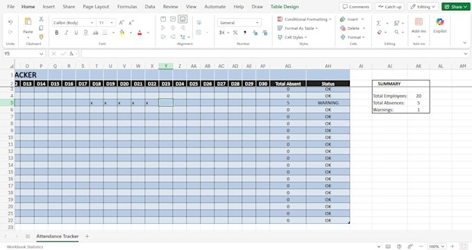 create a construction attendance tracker with auto warning system in excel