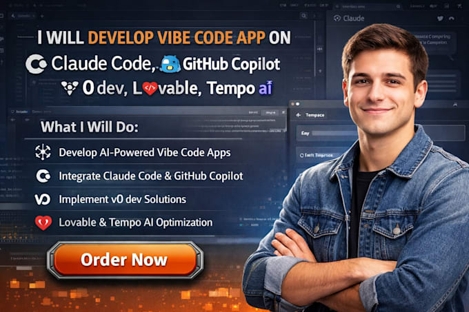 develop vibe code app on claude code, github copilot, v0 dev, lovable, tempo ai