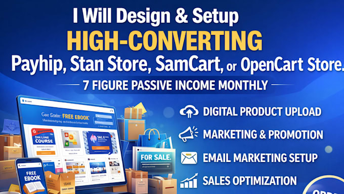 design setup high converting payhip, stan store, samcart, or opencart store