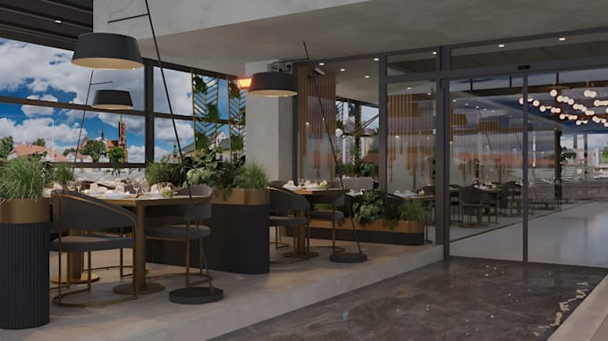 do realistic 3d restaurant interior render, 3d cafe, bar with 3d exterior design