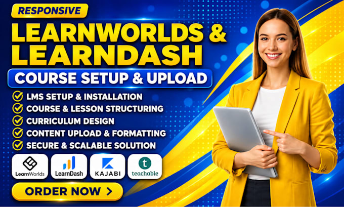 set up learnworlds, learndash course website and kajabi teachable course upload