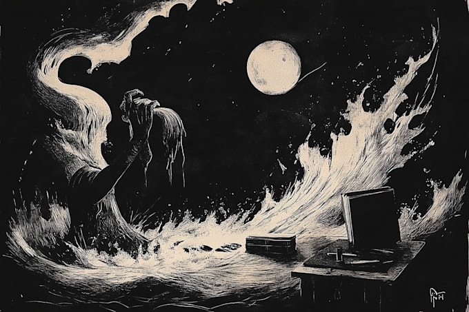 make dark art, concepts, linocut or woodcut illustrations