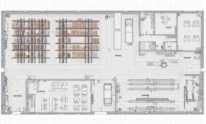 draw 2d warehouse layout, factory layout, logistics plan and floor plan