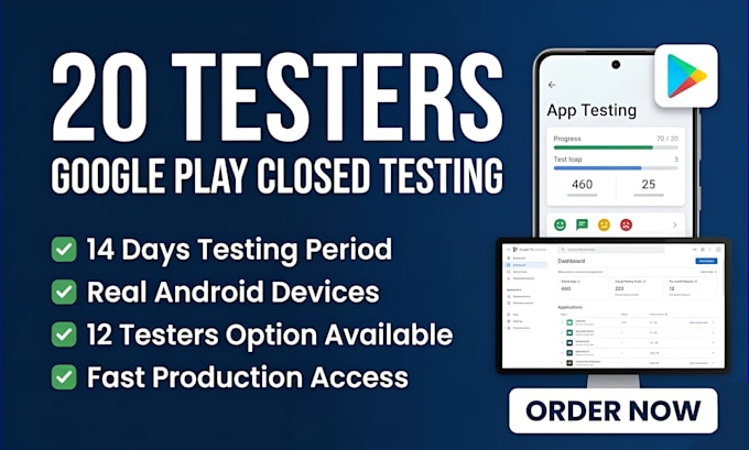 provide 20 or 12 testers for 14 days closed testing and google play tester
