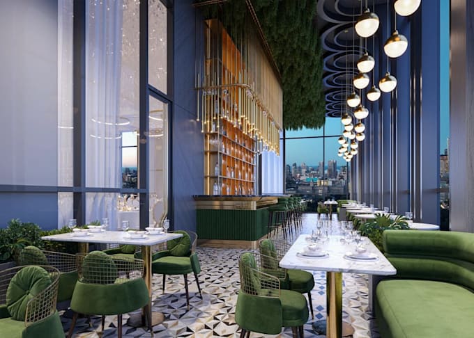 visualize 3d outdoor bar, restaurant furniture layout, lounge interior rendering