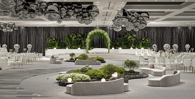 redesign 3d wedding hall interior,biophilic luxury layout,8k,4k cgi rendering