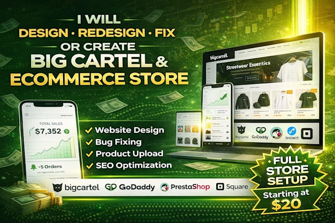 create big cartel godaddy prestashop showit square online website store design