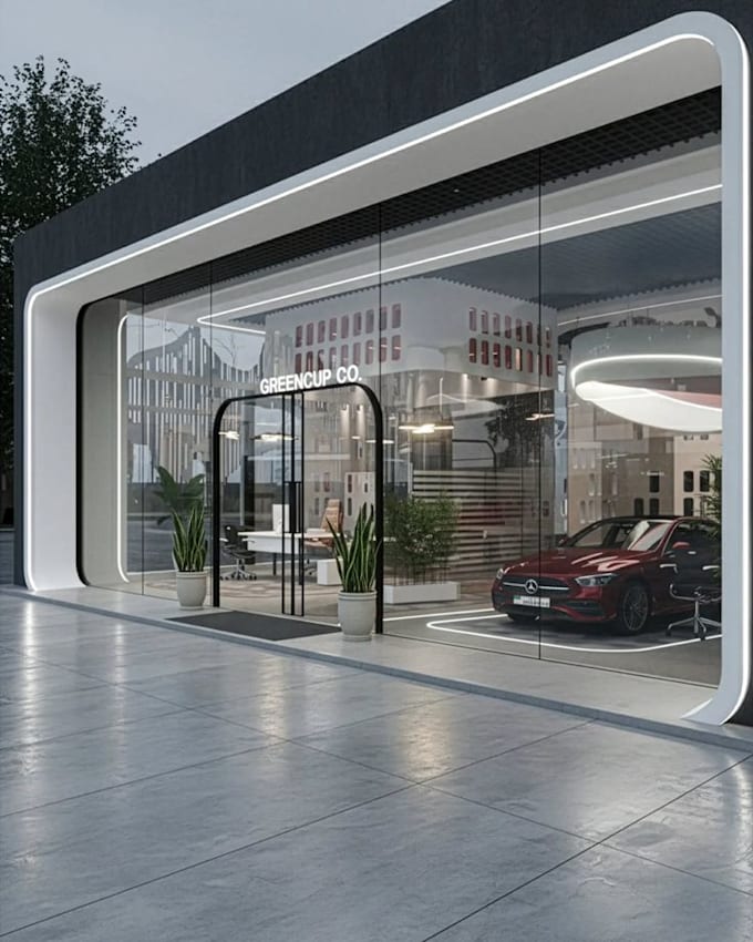 design a stunning 3d car showroom interior with realistic renders